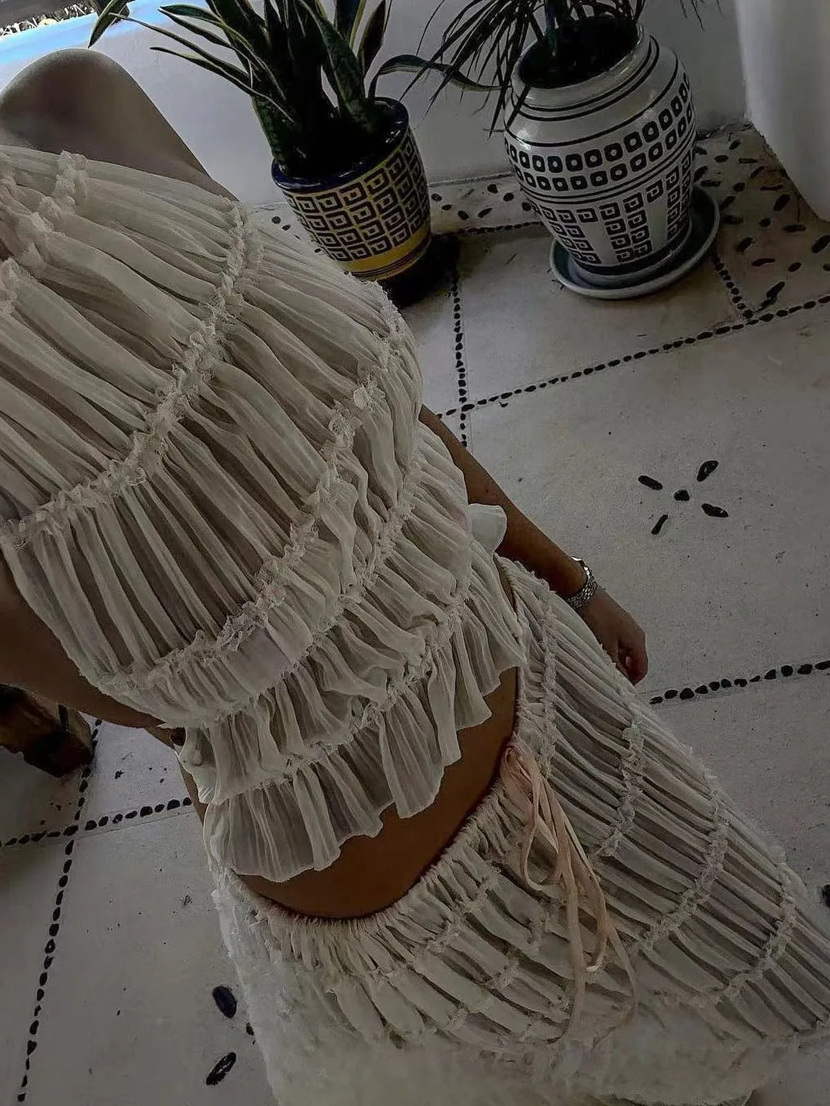 

Beach Vaion Women Sexy Two-Piece Set Dstring Ne Ruffle Skirt Svel Casual Faion Polyester Fabric