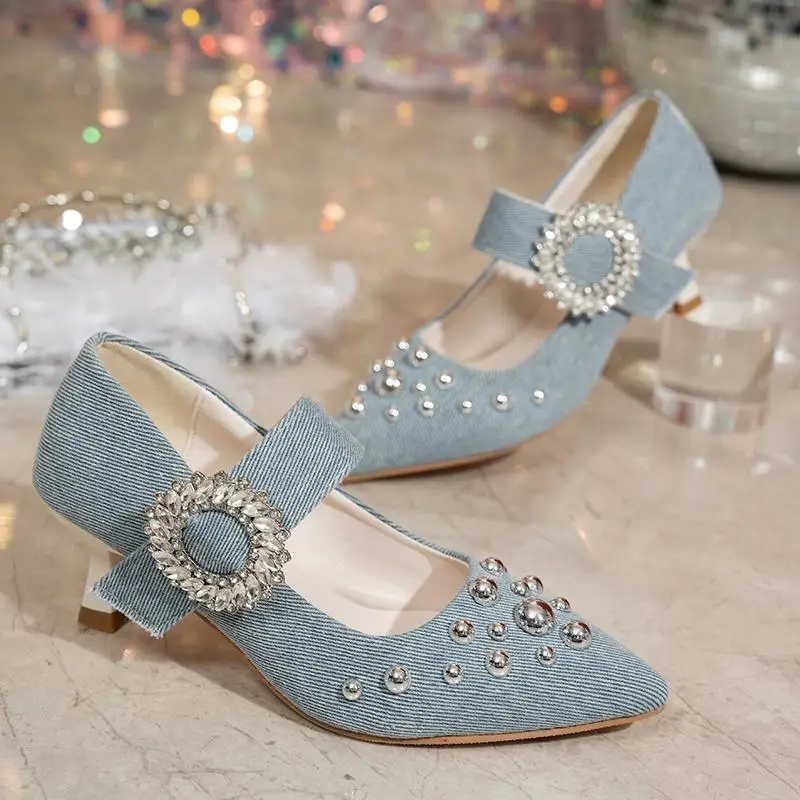 

Vintage Denim Pointed Toe High Heels Pumps Women Silver Glitter Buckle Sandals Womens Rivet Decoration Dress Party Women's Shoes