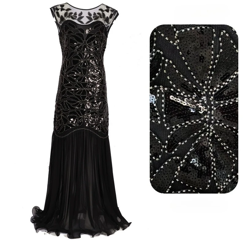 パール刺繍レトロ V ネックスパンコールフリンジノースリーブドレススカート裾はシフォンメッシュビーズエレガントなウエディングドレスドレス