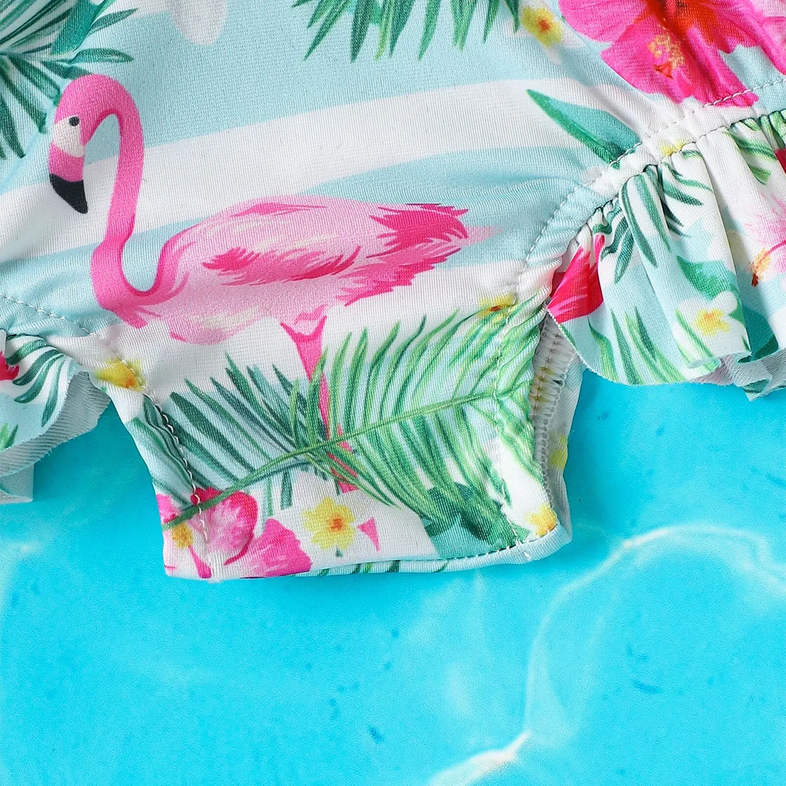 Girls Summer Flamingo Print Long Sleeved Swimsuit+Swim Cap