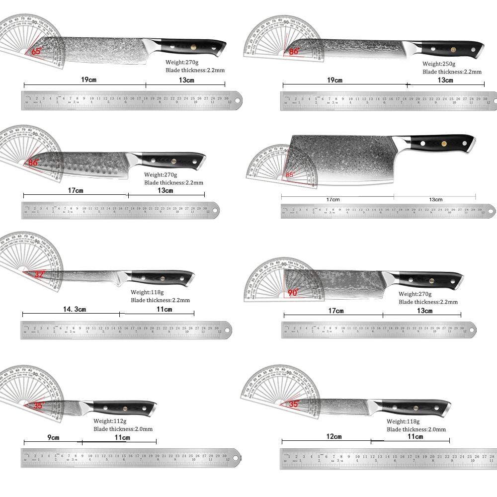 Japanese Kitchen Knives Set 1-8PCS,Damascus Steel Sharp Chef knife Santoku,Cleaver,Paring,Bread ,Boning Knives Black G10 Handle
