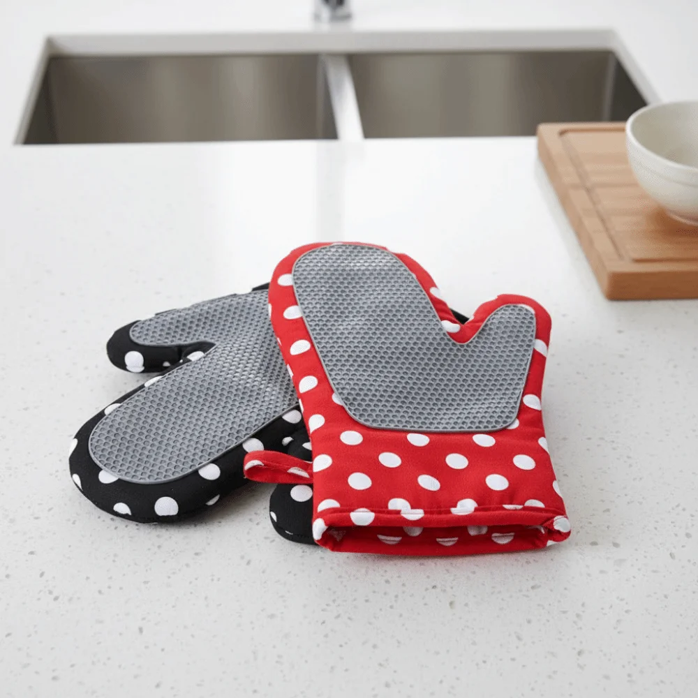 1 Pair Silicone Pad Design Kitchen Microwave Gloves Cotton Lining Non-slip Oven Gloves Anti Scalding Heat-resistant Baking Mitts - view 3