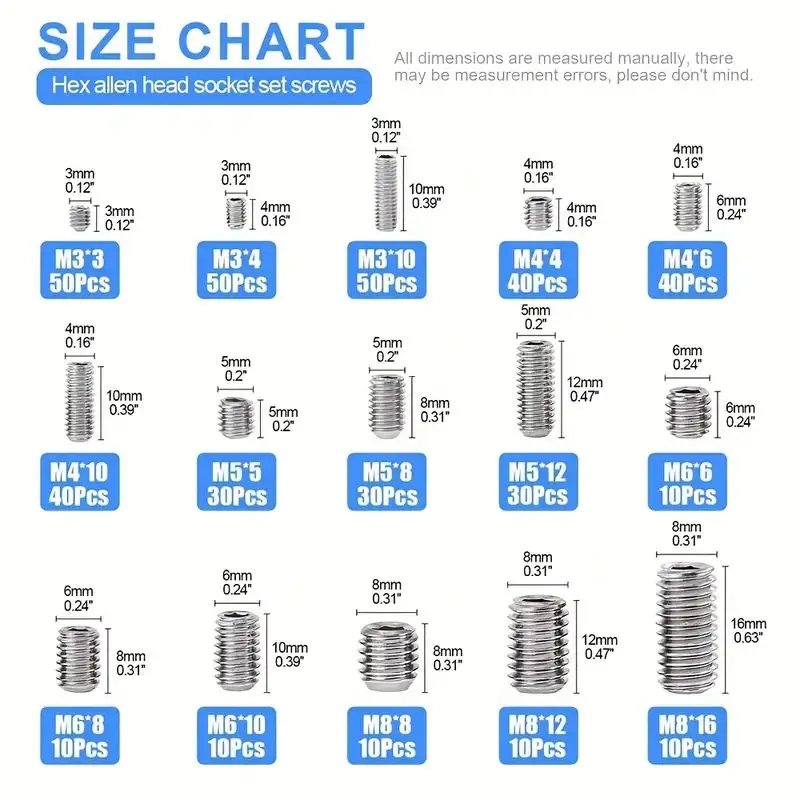 100pcs/200pcs/420pcs Set 304 Stainless Steel Allen Head Socket Hex Set Grub Screw Cup-Point M3-M8 Assortment