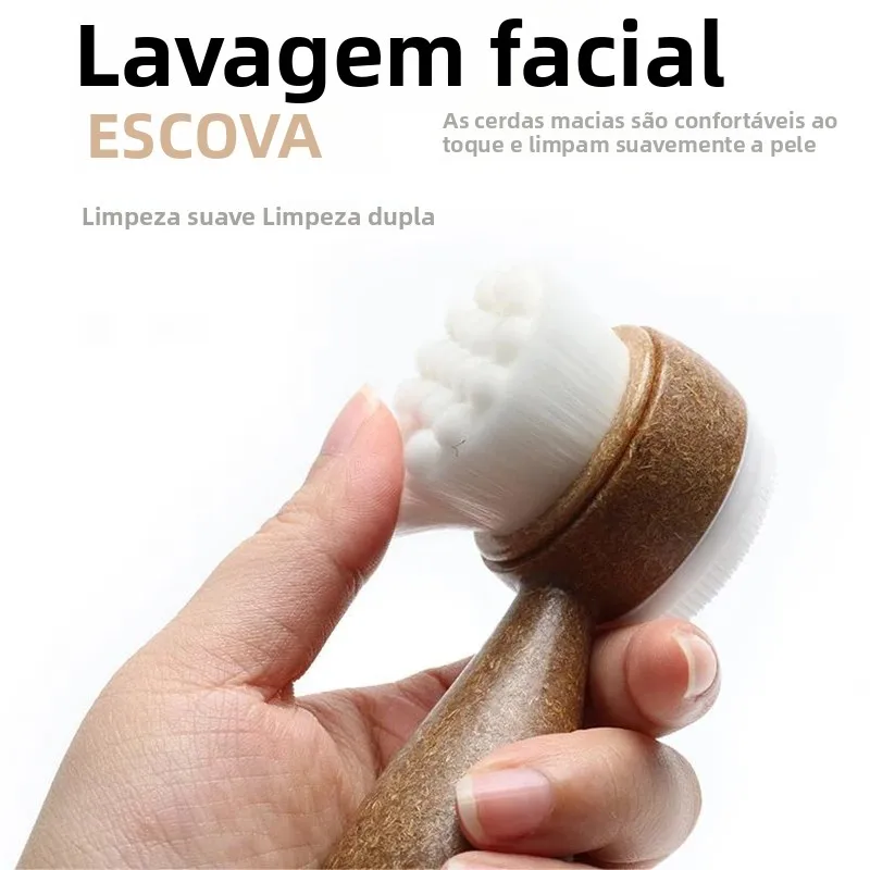 Escova Facial de Coco com Cabo Dupla Face para Limpeza Facial, Remoção de Cravos e Esfoliação