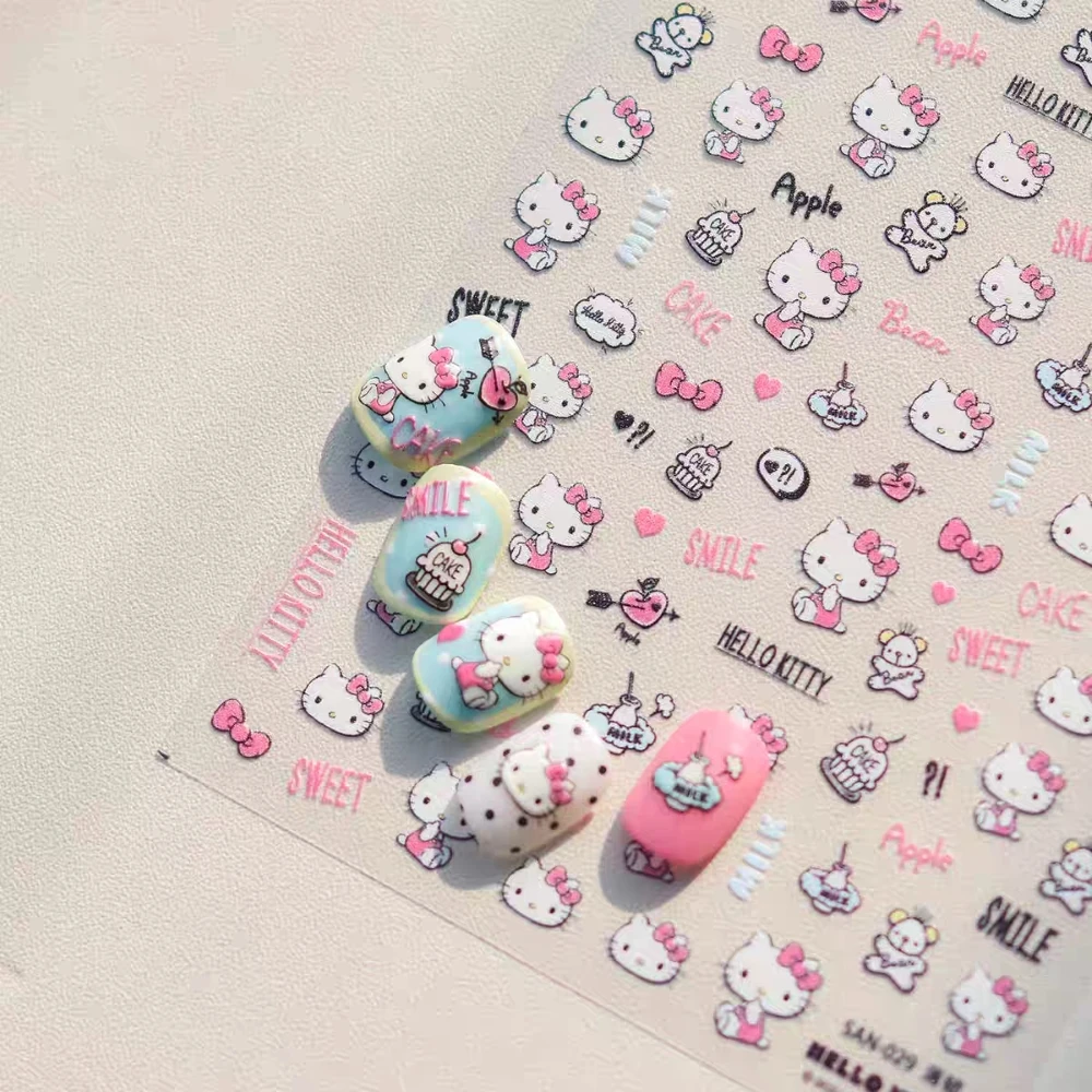 1 sheet HelloKitty Kuromi Sanrio New 5D Relief Nail Art Stickers Nail Decals for Manicure fashion Design DIY Happy Accessories