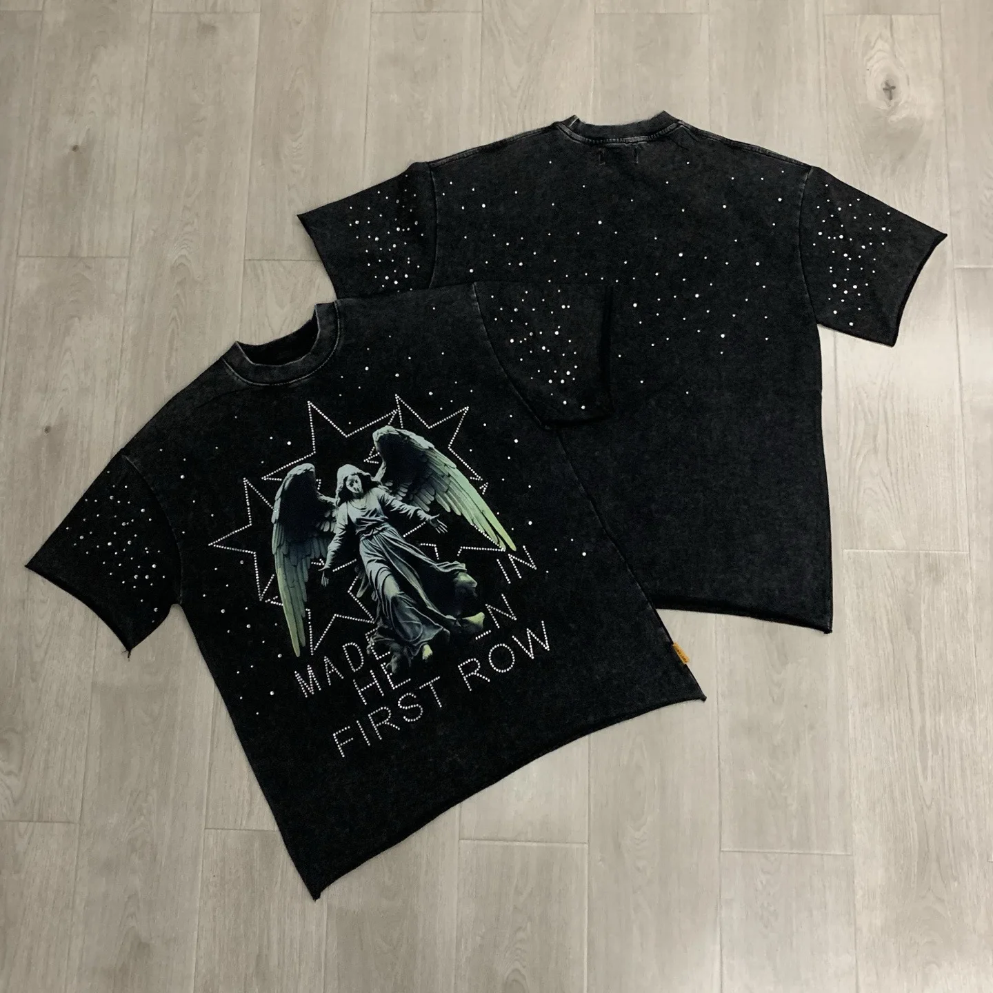 First Row High Street Style Beaded Angel Short-Sleeved T-Shirt - Men's and Women's Trendy Brand Vintage Letterprint Blouse