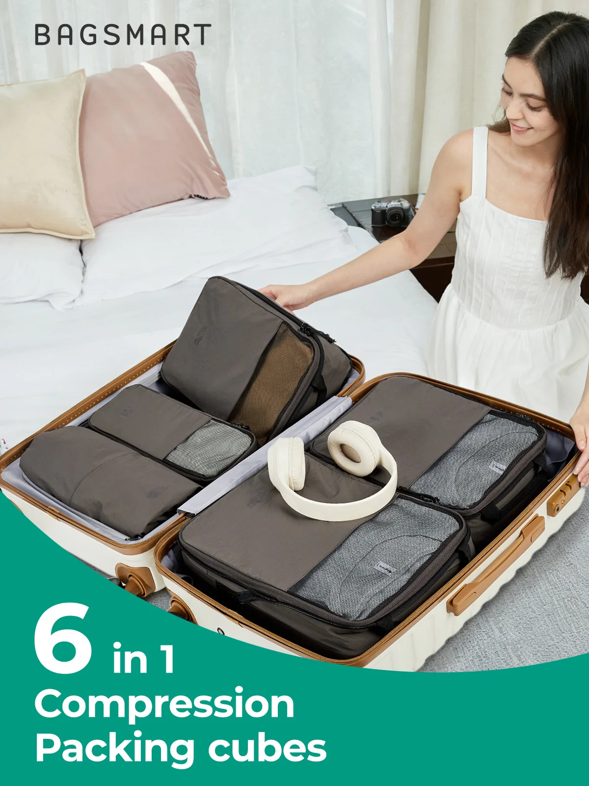 BAGSMART 6PC Compression Packing Cubes Large Capacity Travel Storage Bag Portable Luggage Organizers for Clothes