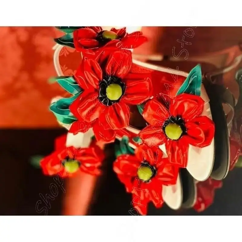 

Red Appliques Foliage Design Runway Slippers Slip On Women Shoes Thin High Heels Open Toe Party Dating 2026 Zapatos Para Mujere