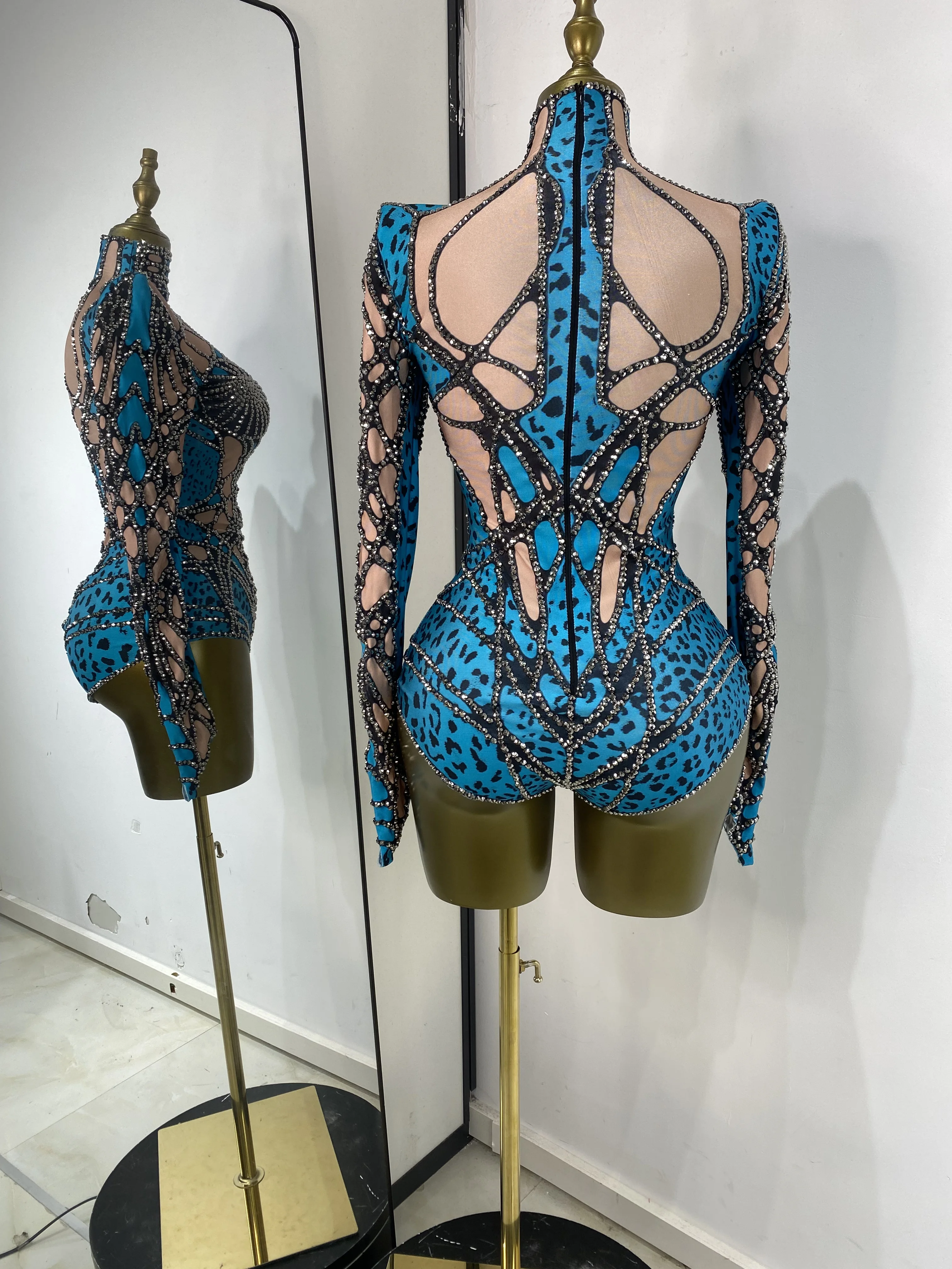 Women Special Occassion Printed Rhinestones Long Sleeve Turtleneck Bodysuits Rhythmic Gymnastics Leotards Sports Dance Dress