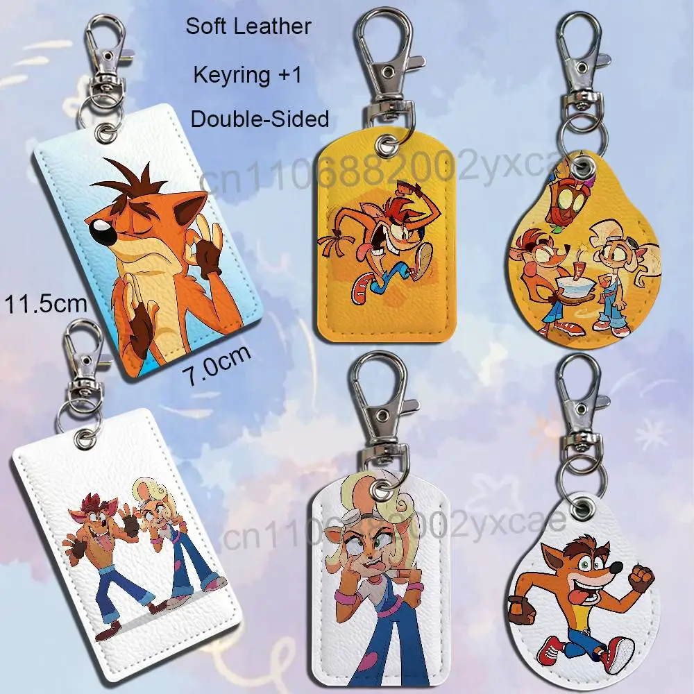 Orange bandicoot Crash Bandicoot Rectangle ID Card Case Keychain Access Card Bag Key Tag Ring Leather Card Holder Key Ring