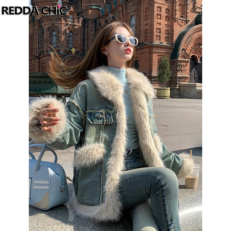 ReddaChic Faux Fur Trim Women Denim Jacket Splice Raw Edge Lapel Open Front Cotton Padded Quilted Coat Vintage Winter Outerwear