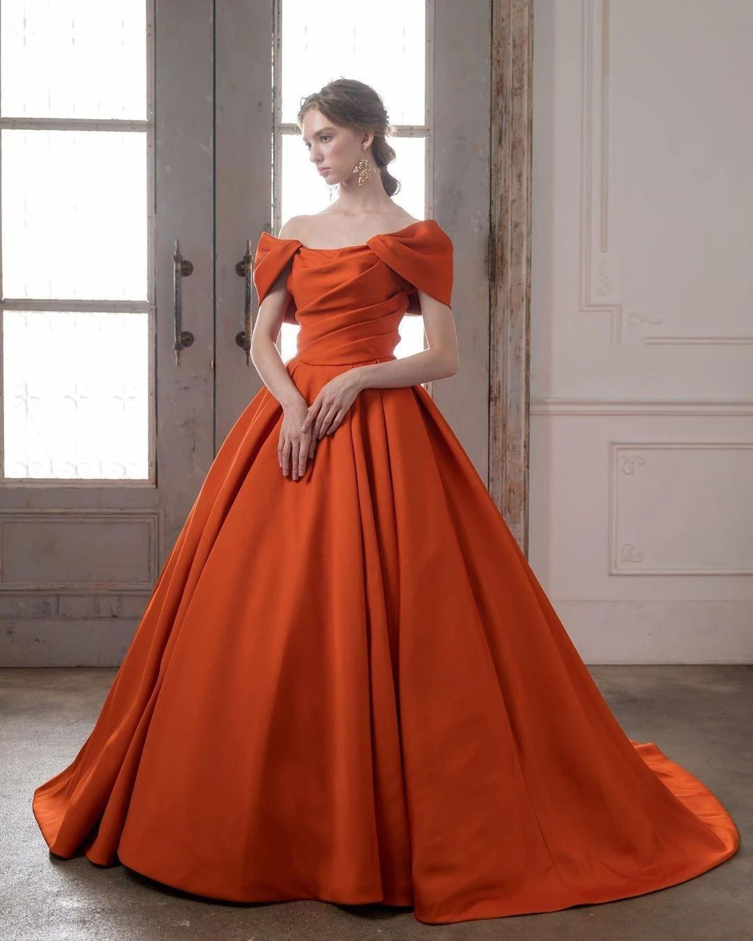 Customized Orange Prom Dress 2024 Off the Shoulder Satin Long Party Dresses Cap Sleeve Cheap Wedding Guest Formal Evening Dress