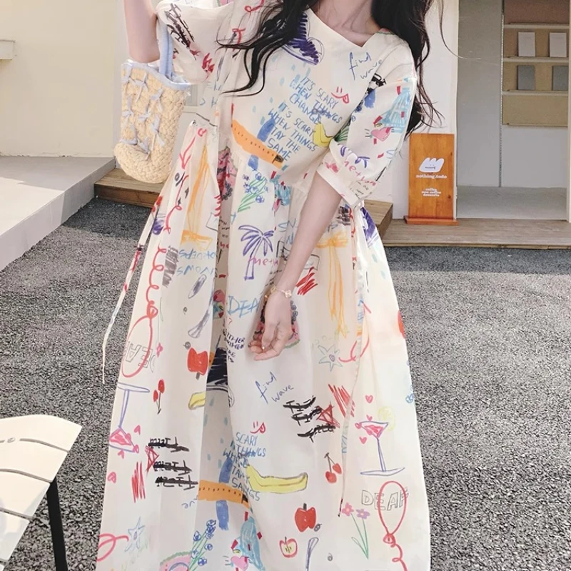 Novedad de verano, ropa de mujer, vestido colorido con dibujo grafiti de dibujos animados, dulce y fino, vestidos camiseros de longitud media con reducción de edad para mujer