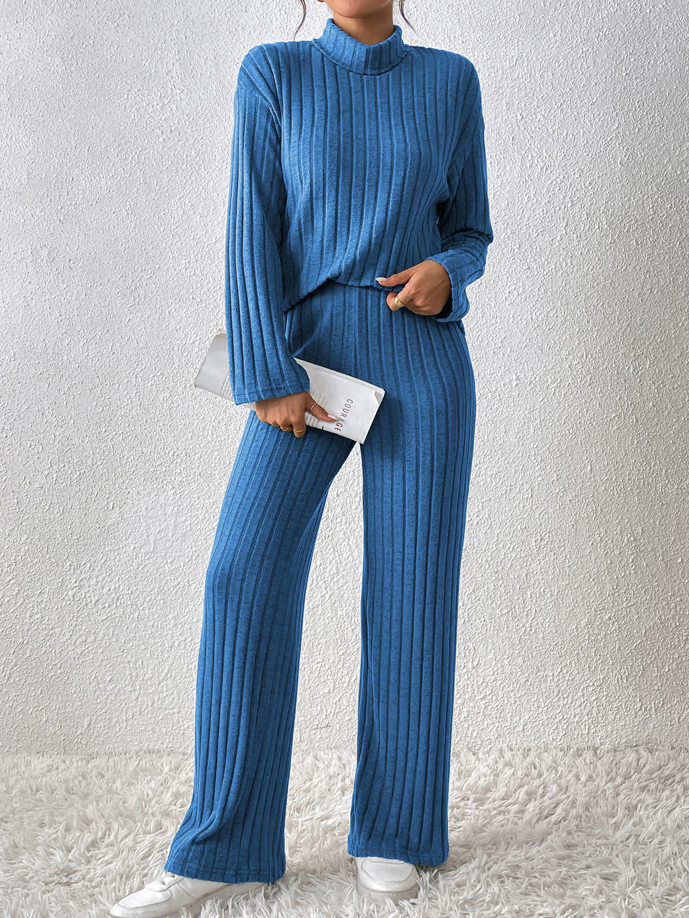 Solid Bright Blue Vertical Ribbed Knit Co-ord Set, Loose Mock Neck Long Sleeve Shirt with Elastic Waist Wide Leg Trousers, Breat