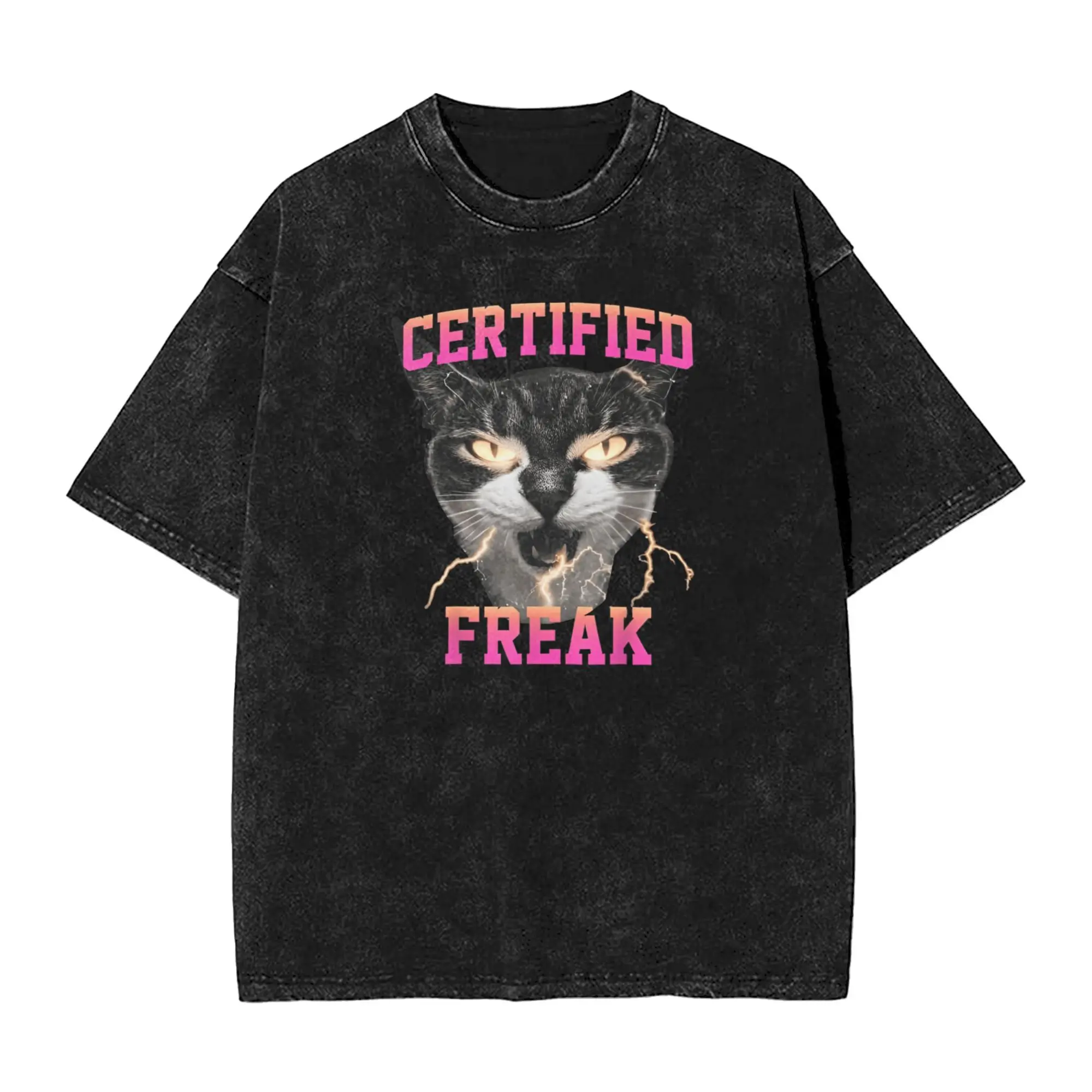 Casual Certified Freak Funny Cat T-Shirts for Men Round Collar Pure Cotton Washed T Shirt  Short Sleeve Tees Plus Size Clothes