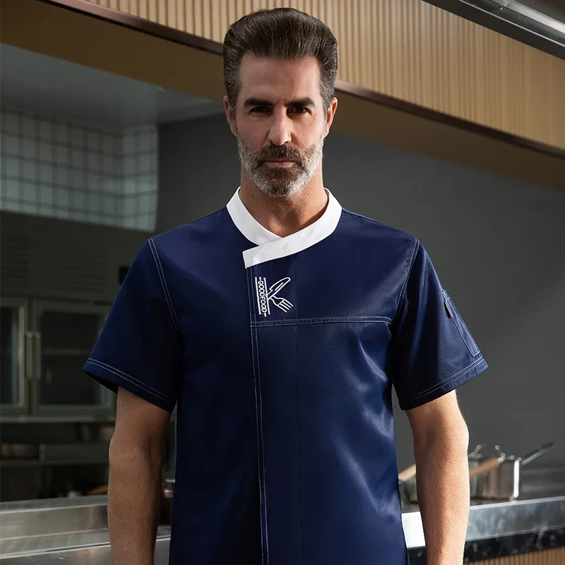 男性シェフ制服半袖黒と白通気性シェフシャツレストランキッチンシェフジャケットエプロン作業服女性