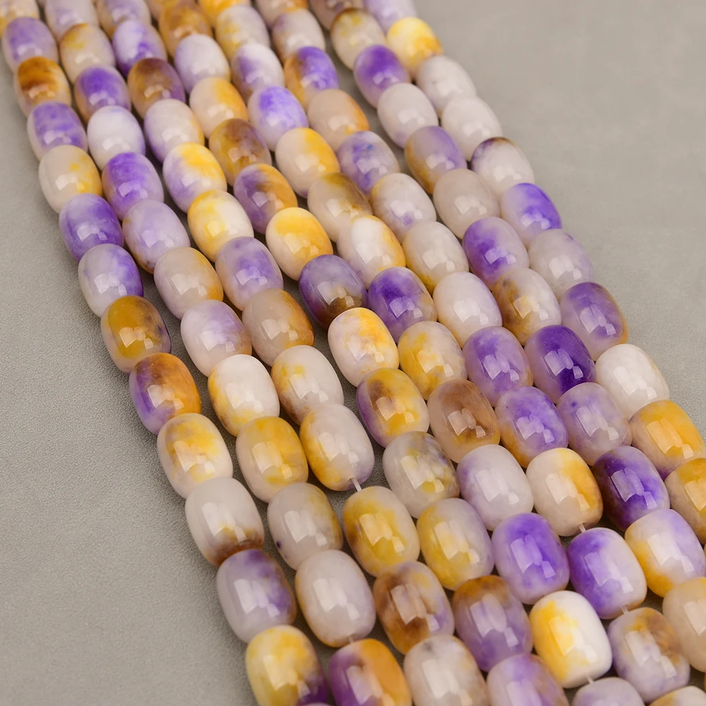 APDGG 2 Strands Natural Stone Mix Color Purple Yellow Jade Drum Shape Loose Beads 15.5