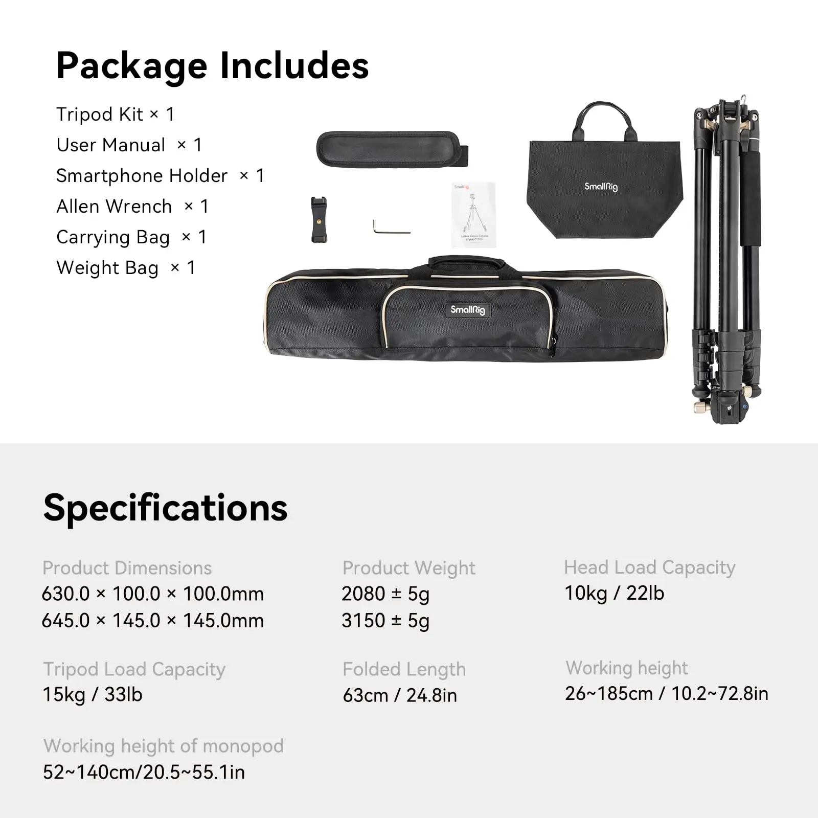 SmallRig 73 inch camerastatief, 360 ° Rotatie middenkolom horizontaal statief monopod, met smartphonehouder, voor DSLR-camera -4288