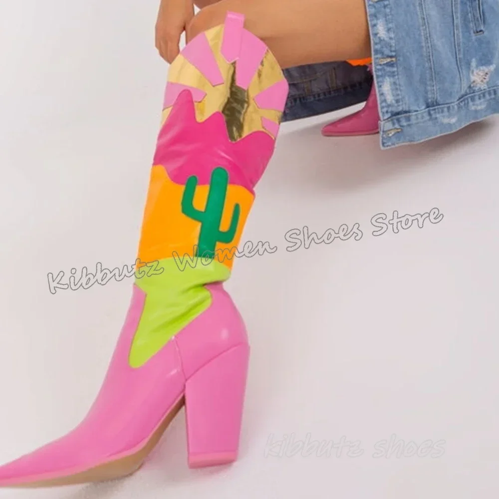 

Boot Knee High Leather Mixed Color Zipper Fashion Elegant Novelty Concise Cowboy Spicy Girls Shoes New Pointed Toe Chunky Heel