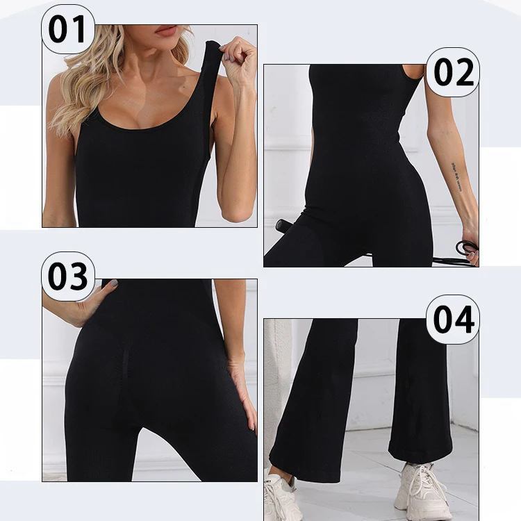 1Pc Black Sleeveless Flare Yoga Jumpsuits Sexy Shapewear,All-in-one Training, Fitness, and Sports Jjumpsuit, U Back Flared Pants