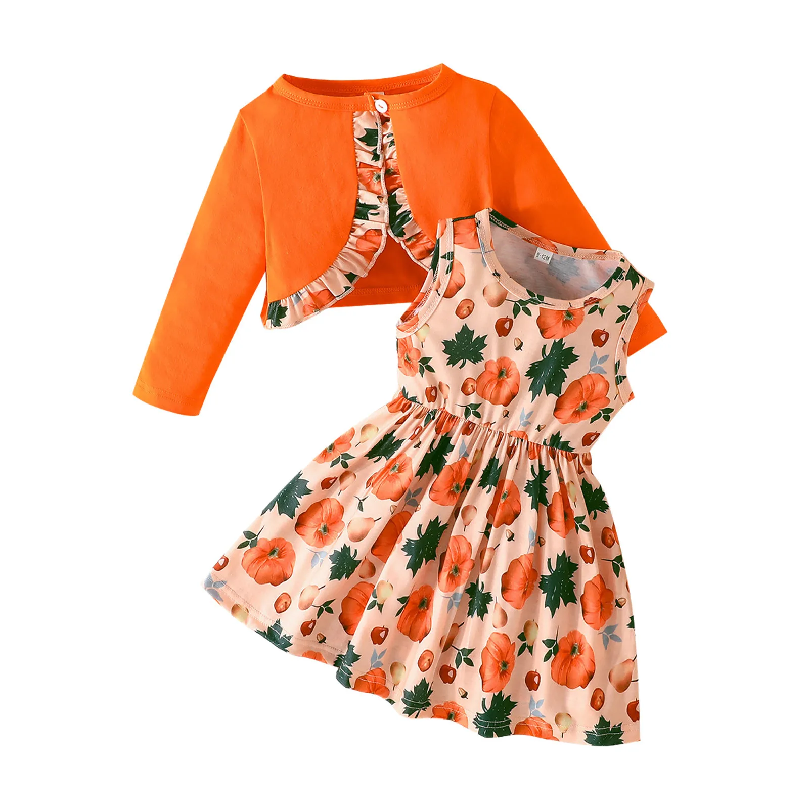 Baby Girls' Halloween Pumpkin Print Clothes Sets Long Sleeved Shawl Top Sleeveless Dress Two Piece Set Baby Clothes Infant Girls