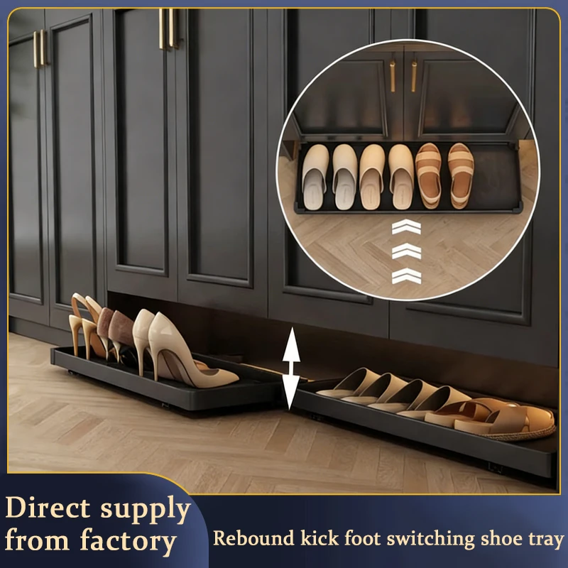 

Under Cabinet Toe Kick Drawer With Pull Out Shoe Tray And Push Open Mechanism For Entryway Shoe Storage Household Organizer