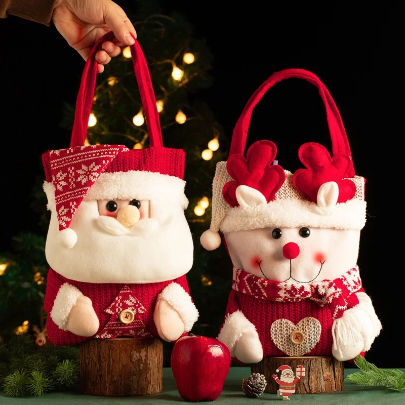 New Year Christmas Gift Bag Flip Hat Cartoon Santa Claus Snowman Candy Bags Knitted Velvet Handbag Children Storage Tote Bag