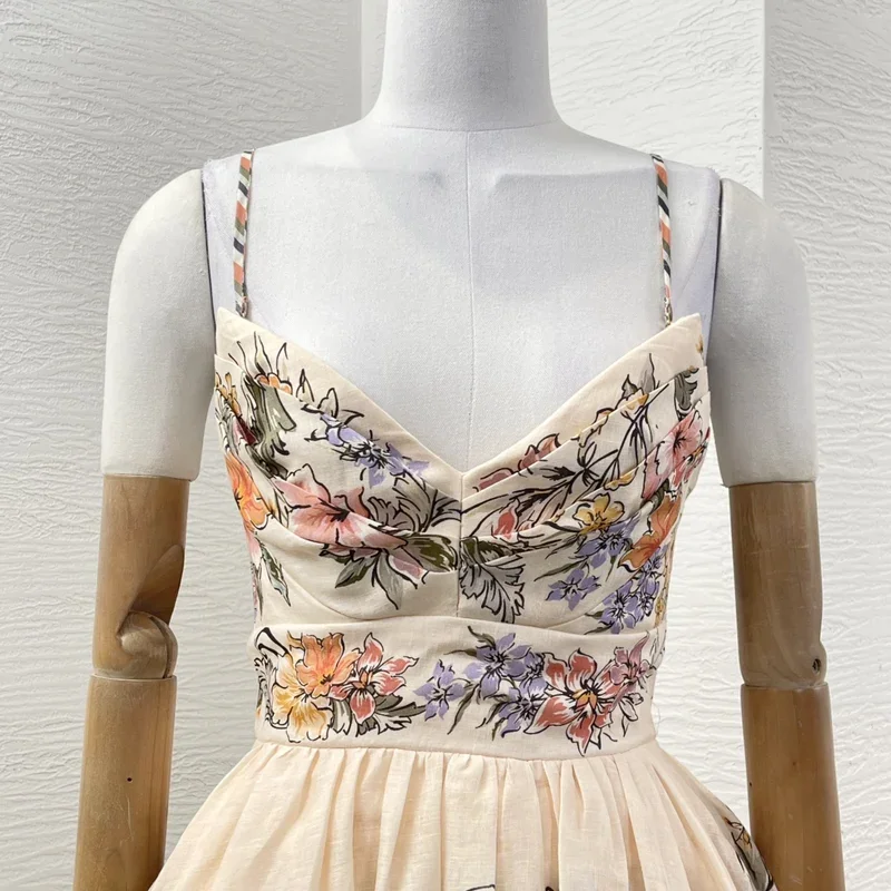 2025 high quality linen photo color nautical map print sleepveless sweetheart neck pleat ruched midi dress