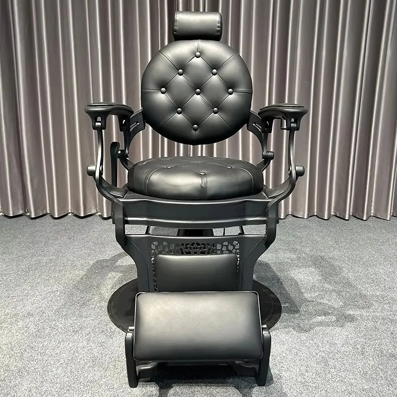 Modern Salon Furniture Full Black Tufted Hairdressing Shaving Chair Hydraulic Pump Heavy Styling Barber Chair For Men