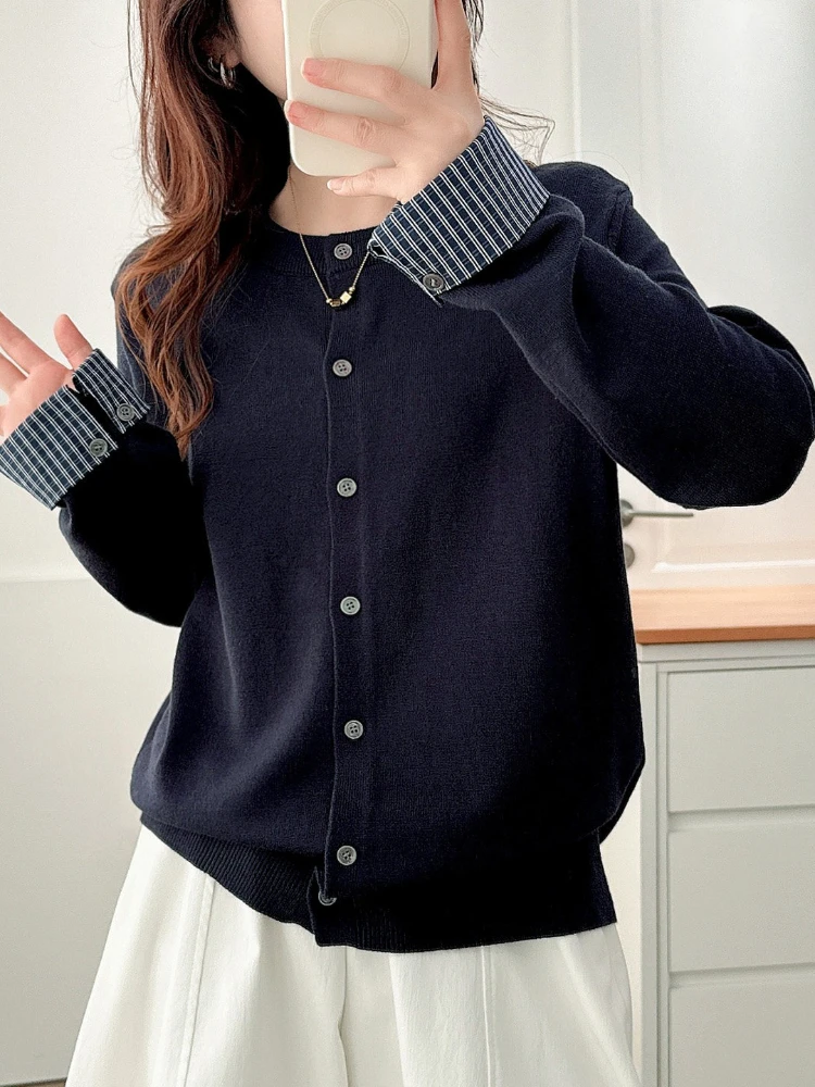Trendy Versatile Sweater Autumn Winter Check Sleeve Spliced O-Neck Long Sleeve Knit Women Cardigan Casual Solid Outerwear Tops