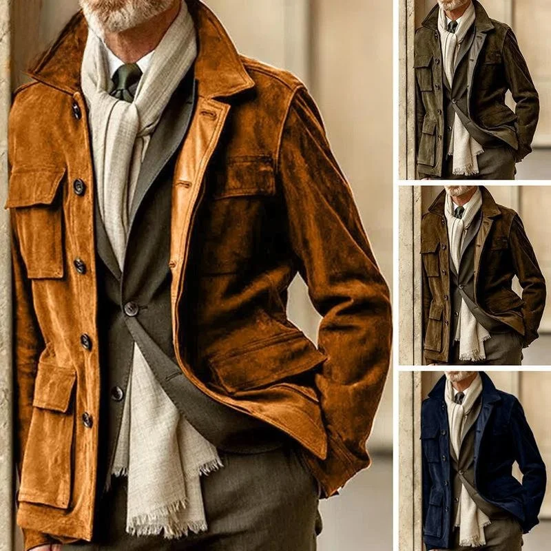 

Men's Suede Faion Jaet Casual Sle Long Sve Pure Color Lapel Single Button Closure Loose Fit with kets for Autumn