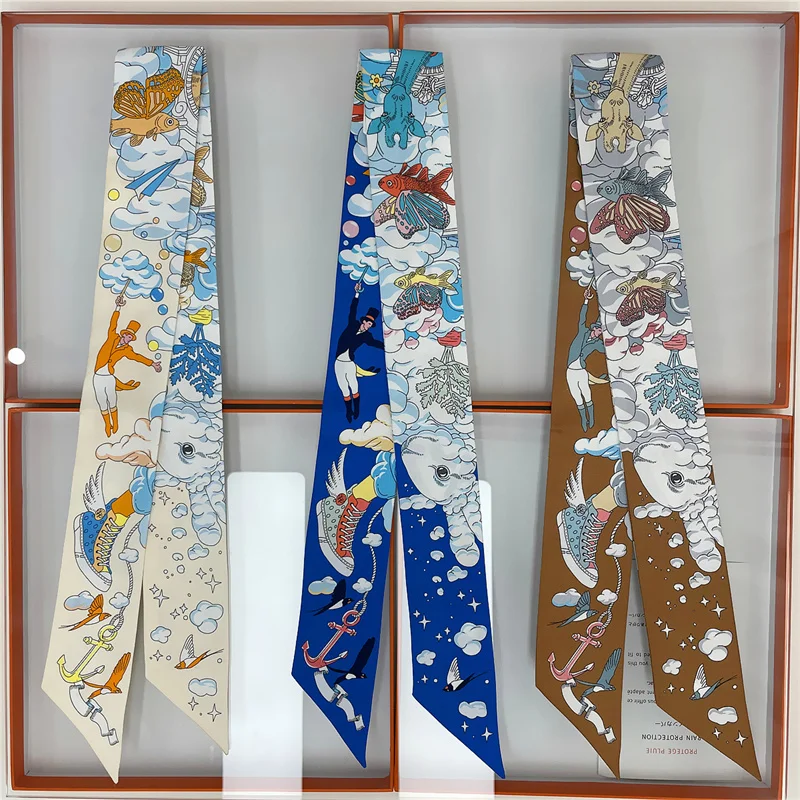 POBING Wheel Print 18m/m Twill Silk Scarves Women Luxury Brand Scarf Bag Ribbons Tie Head Scarf Small Long Skinny Scarf 86*5CM