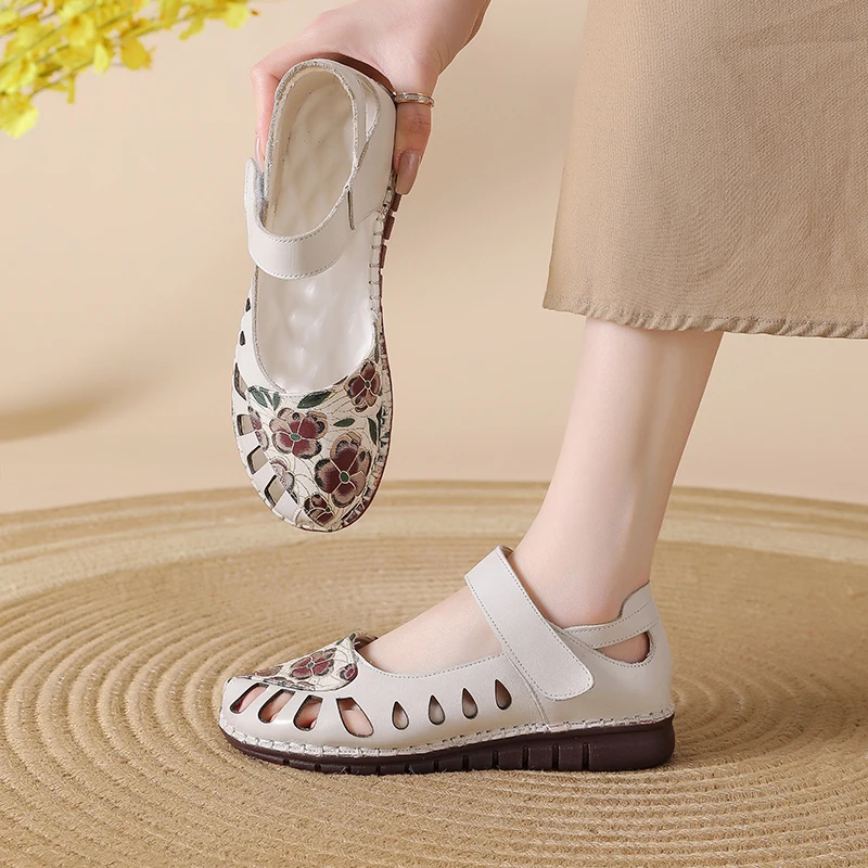 

Women's Flat Sandals Hollow Out Genuine Leather Shoes New Summer Woman Roman Closed Toe Comfy Patches Sandal for Elderly Ladies