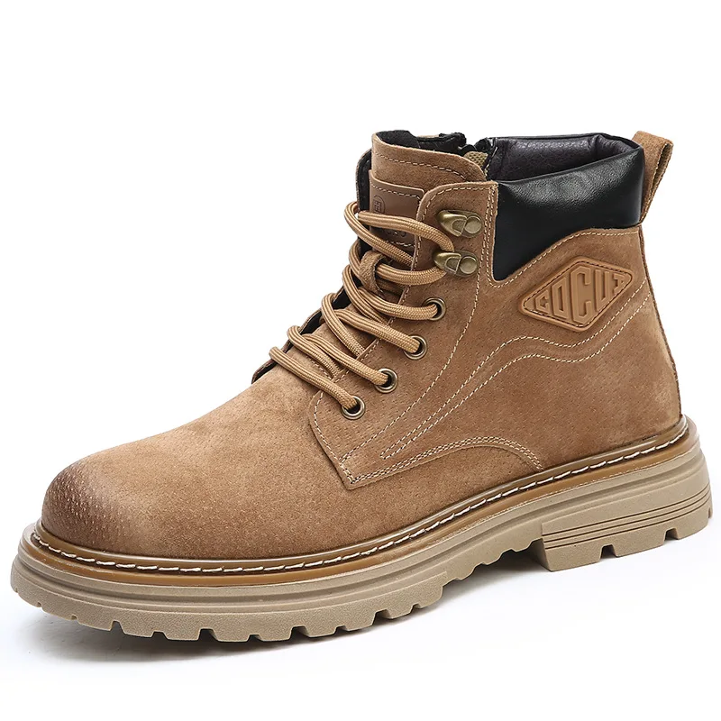 

Retro Pig Leather Motorcycle Boots for Men New Designer Autumn Winter Work Boots Man Fleece Keep Warm Platform Shoes Male