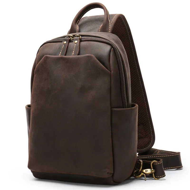 Casual Crazy Horse Leather Luxury Men Business Shoulder Large Capacity Chest Pack Male Crossbody Bag