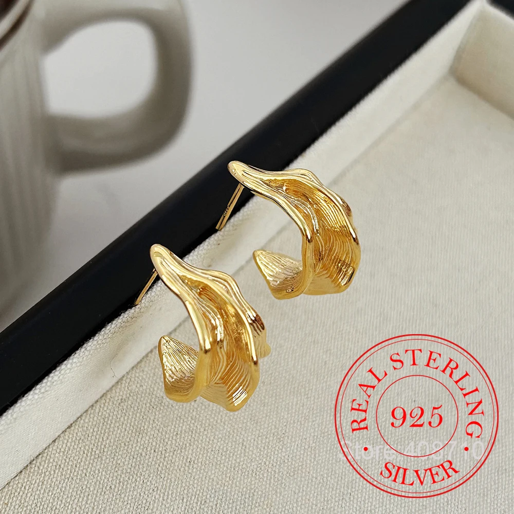 

Серьги-кольца из стерлингового серебра 925 пробы с геометрическими морщинами и листьями для женщин, ювелирные изделия для свадебной вечеринки для девочек, подарок другу