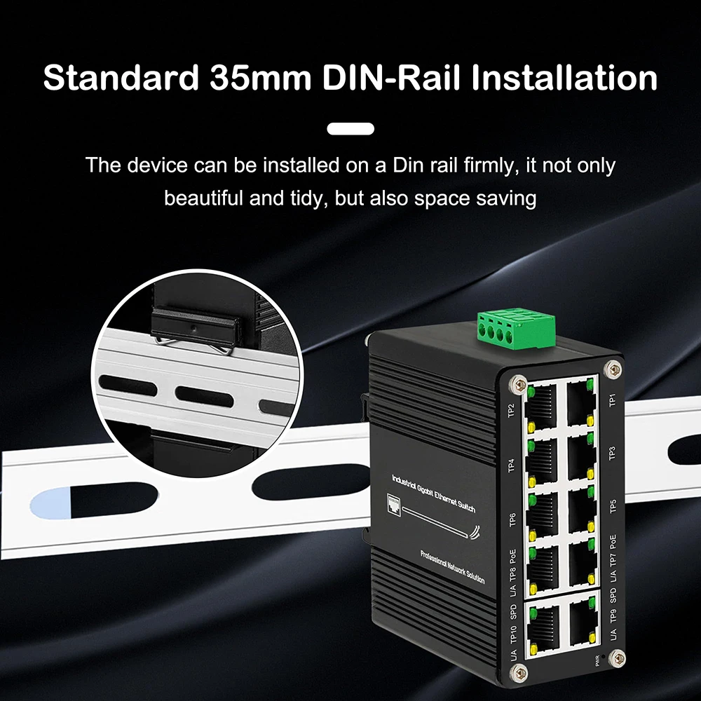 MIni 10 Port Gigabit Industrial Ethernet PoE Switch 8-Port 10/100/1000T 802.3at PoE Up to 240W PoE Budget DIN-Rail installation