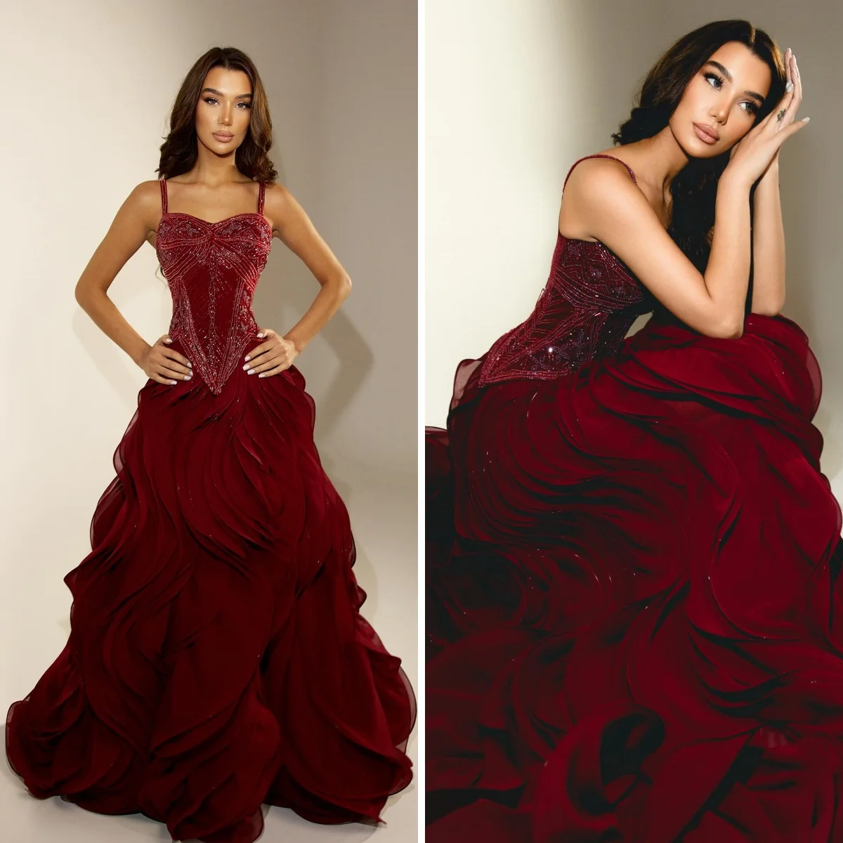 

Red Evening Dresses A-Line High Slit Beaded Spaghetti Strap Multi-Layered Ruffles Train Prom Dress Customized Formal Vestidos