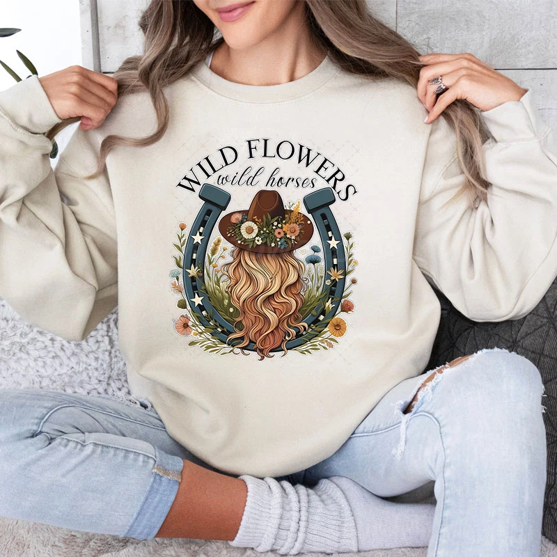 Wildflowers Wild Horses Sweatshirt Women Western Boho Flower Horse Classic Hoodie Women Horse Lover Gift Floral Cowgirl Sweater