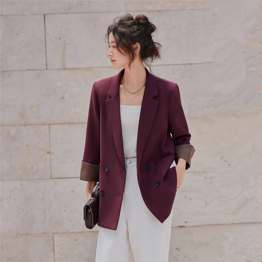 

Women Blazers Solid Loose Double-breasted Wide Shoulder Office Ladies Suit Jacket Oversized Mid Length Coat Wine Red Autumn 2025