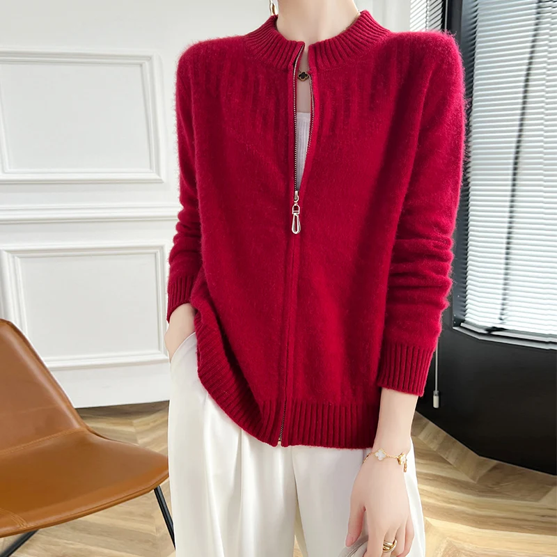 

100% merino wool cardigan New cashmere sweater in autumn and winter women's semi-high neck cardigan warm knit bottoming coat