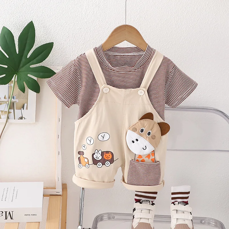 New Summer Baby Clothes Set Children Boys Striped Short Sleeve T-Shirt Overalls 2Pcs/Sets Toddler Girls Clothing Kids Tracksuits