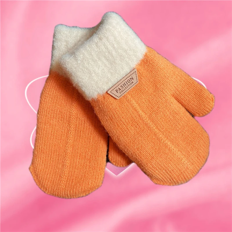 Children\'s Gloves Winter Solid Thicken Plus Velvet Halter Gloves For Kids Toddler Outdoor Keep Warm Knitted Mittens With Rope