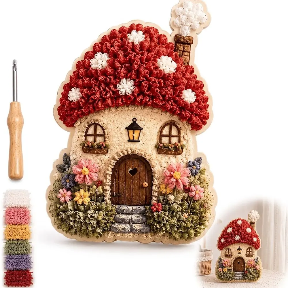 Whimsical Village 3D Fabric Poke Art Kit DIY Village Theme Floral Mushroom Cottage Craft Set Semi-finished Product 3D Textured