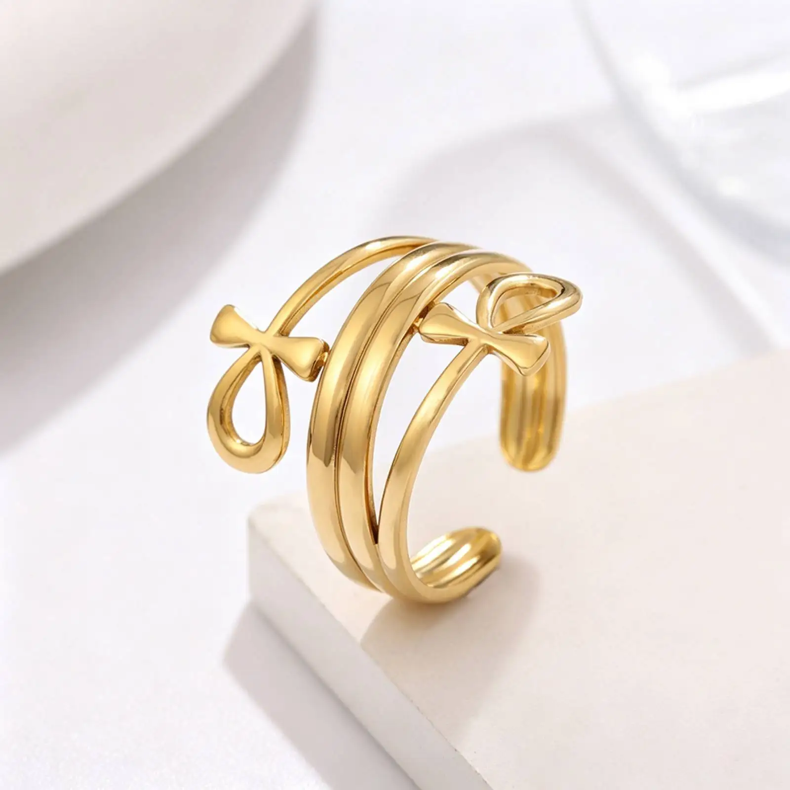 Antiker ägyptischer Ankh-Kreuz-Offenring aus Edelstahl, Ring mit dem Symbol des Lebens, Amulett-Schmuck, Geburtstagsgeschenk für Damen und Herren. – Detail 2