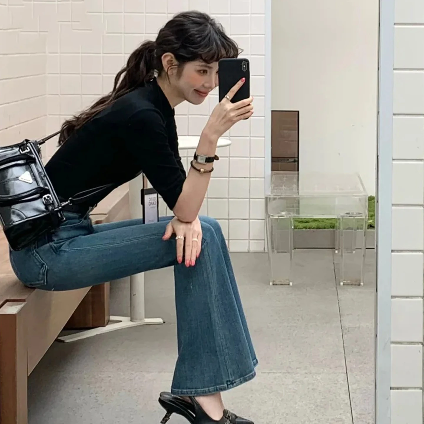 

High Waist Bell Bottom Denim Jeans Women's Stretchy Slimming Drapey Floor Length Hoof Bell Pants Autumn New Arrival