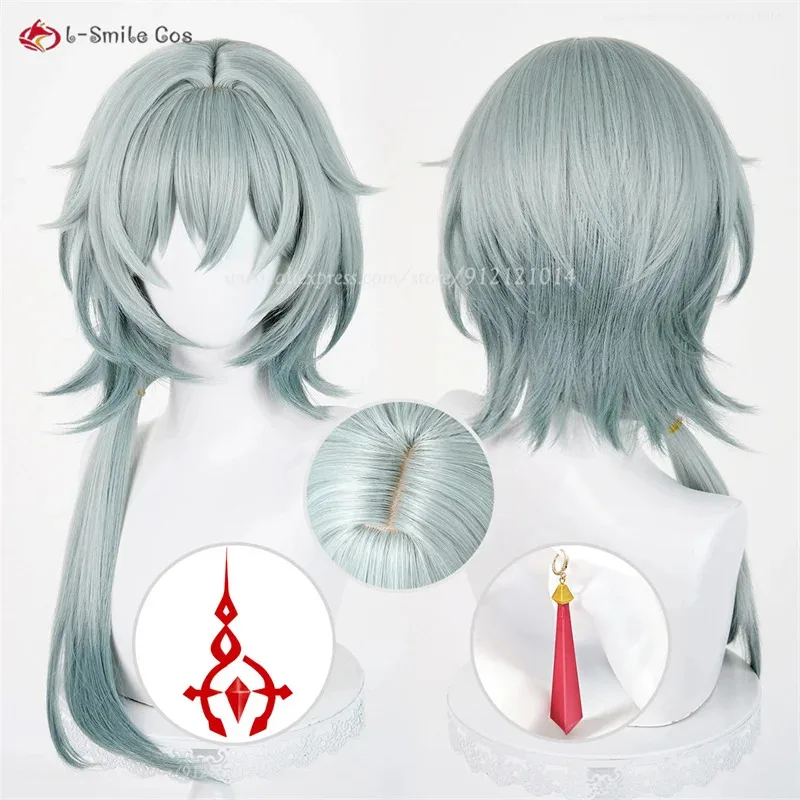 HSR Anaxa شعر مستعار تأثيري 65 سنتيمتر طويل رمادي أخضر مختلط Anaxagoras تأثيري أنيمي ازياء شعر مستعار مقاومة للحرارة الاصطناعية الشعر + غطاء شعر مستعار