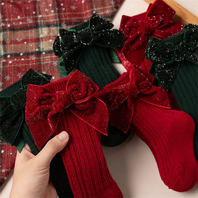 2 Paar/Set Weihnachts-Kniestrümpfe für Kleinkinder und Kinder, Mädchen, niedliche große Schleife, Neujahrs-Baumwoll-Langsocken, weiche warme Beinwärmer – Detail 4
