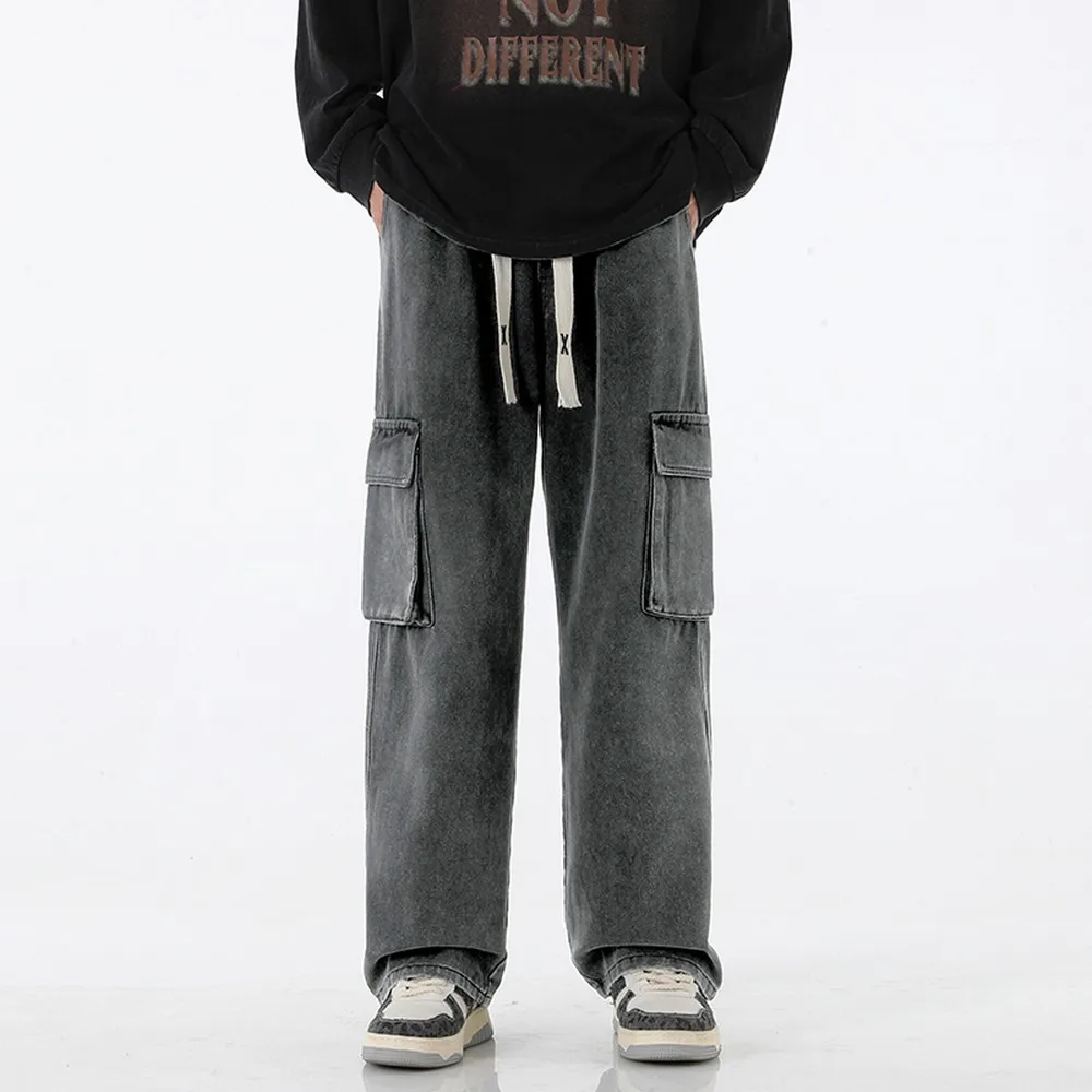 خمر Y2K جيوب فضفاض الجينز الرجال النمط الأمريكي الشارع الشهير مستقيم الدينيم البضائع السراويل الصلبة غسلها مرونة الخصر Pantalones #2