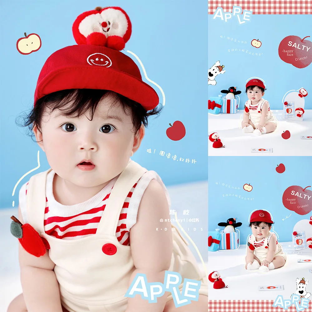 Adorable 100 Days Baby Photography Props Apple Cartoon Theme Baby Costume+smile Cap Set Plush Toys for Studio Photo Shoot Props